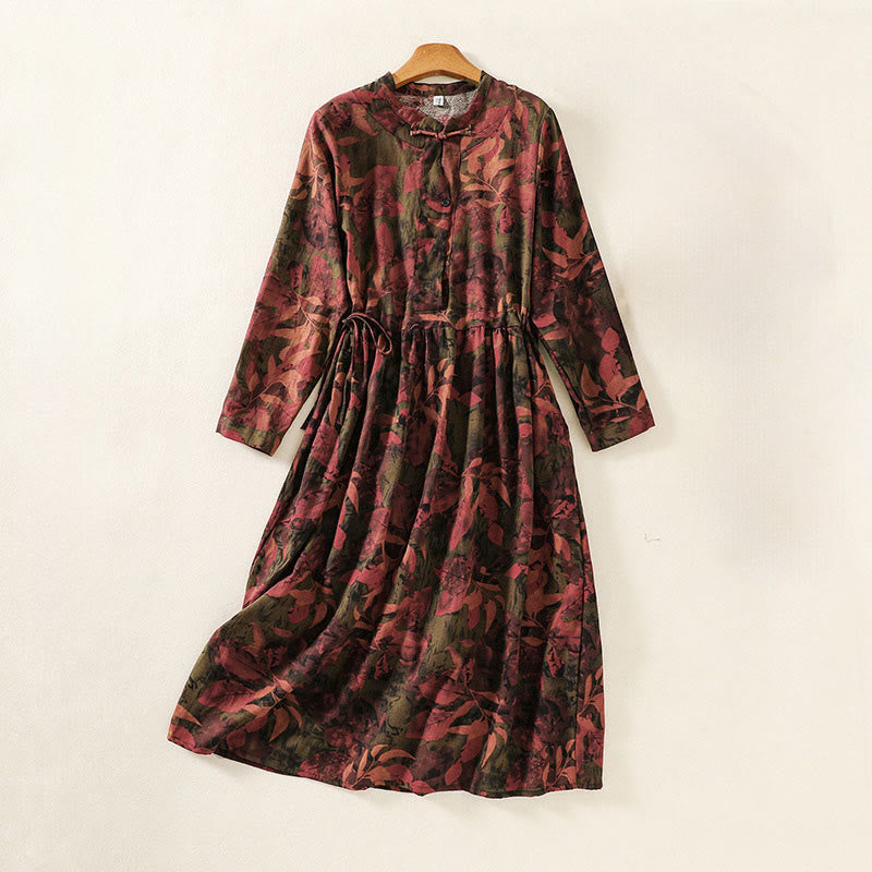 Vestido midi de lino y algodón con estampado de Buddha Stones, cordón ajustable, botones de rana y manga larga con bolsillos - Marrón - US8-10，UK/AU12-14，EU40-42 (2XL) - image 9