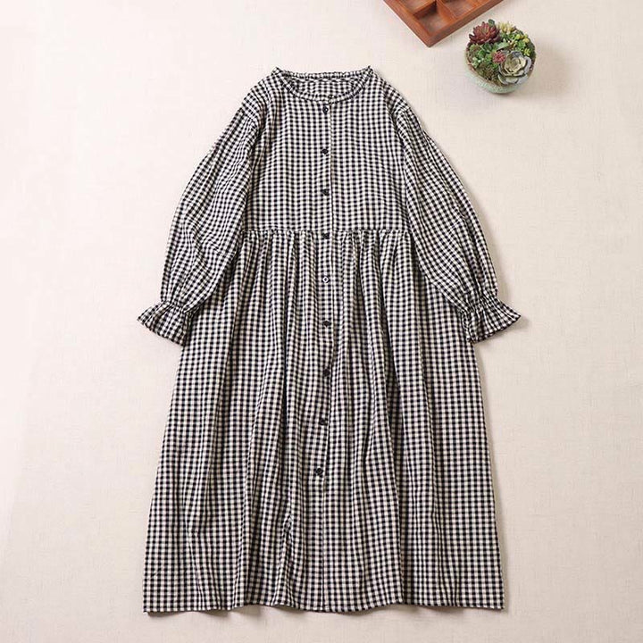 Vestido midi de lino y algodón con bolsillos, diseño de cuadros con botones sencillos, volantes y manga larga de Buddha Stones - Cuadros blancos y negros - US8-10，UK/AU12-14，EU40-42 (2XL) - image 6