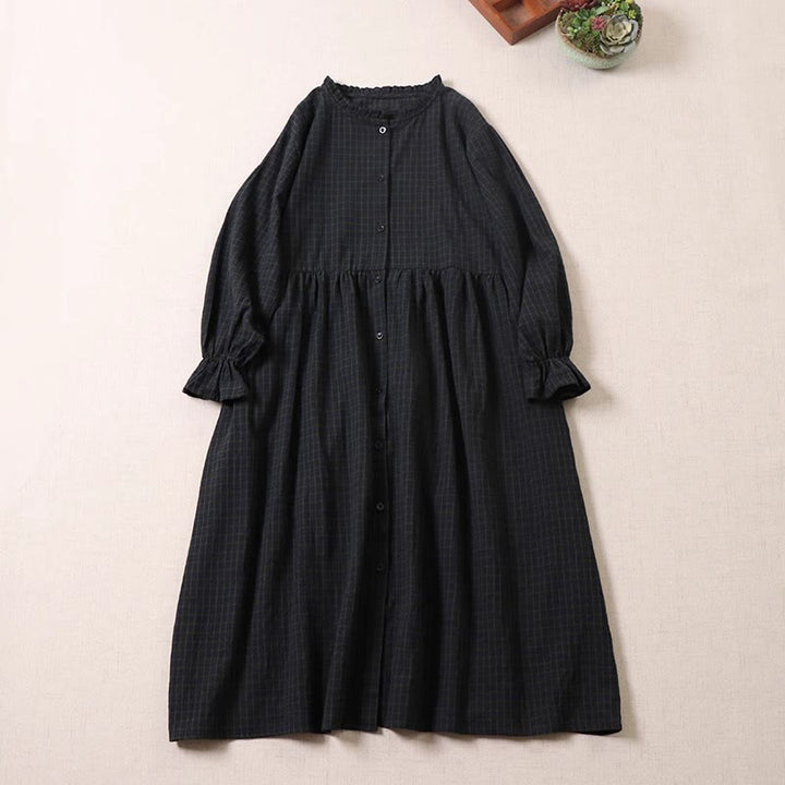 Vestido midi de lino y algodón con bolsillos, diseño de cuadros con botones sencillos, volantes y manga larga de Buddha Stones - Cuadros negros y verde oscuro - US8-10，UK/AU12-14，EU40-42 (2XL) - image 0