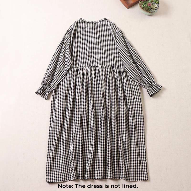Vestido midi de lino y algodón con bolsillos, diseño de cuadros con botones sencillos, volantes y manga larga de Buddha Stones - image 7