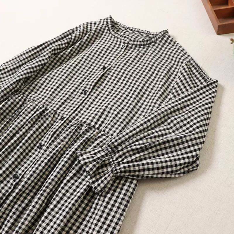 Vestido midi de lino y algodón con bolsillos, diseño de cuadros con botones sencillos, volantes y manga larga de Buddha Stones - image 9