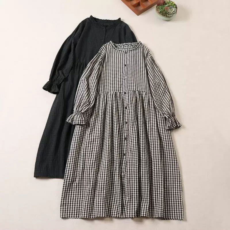 Vestido midi de lino y algodón con bolsillos, diseño de cuadros con botones sencillos, volantes y manga larga de Buddha Stones - image 20