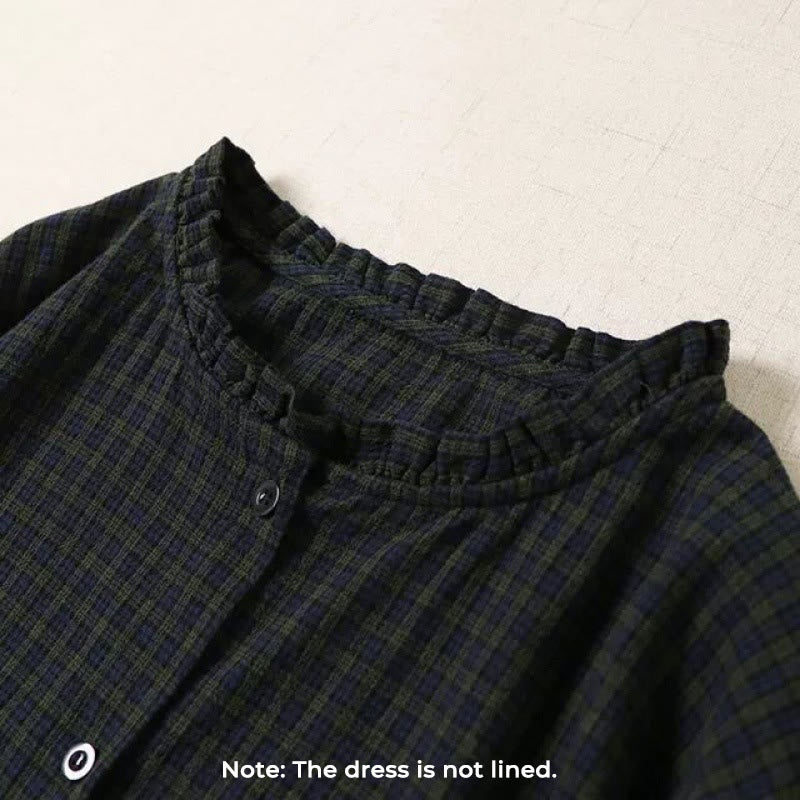 Vestido midi de lino y algodón con bolsillos, diseño de cuadros con botones sencillos, volantes y manga larga de Buddha Stones - image 1