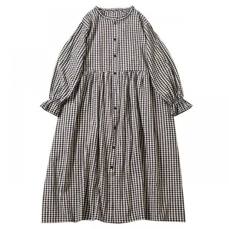 Vestido midi de lino y algodón con bolsillos, diseño de cuadros con botones sencillos, volantes y manga larga de Buddha Stones - image 19
