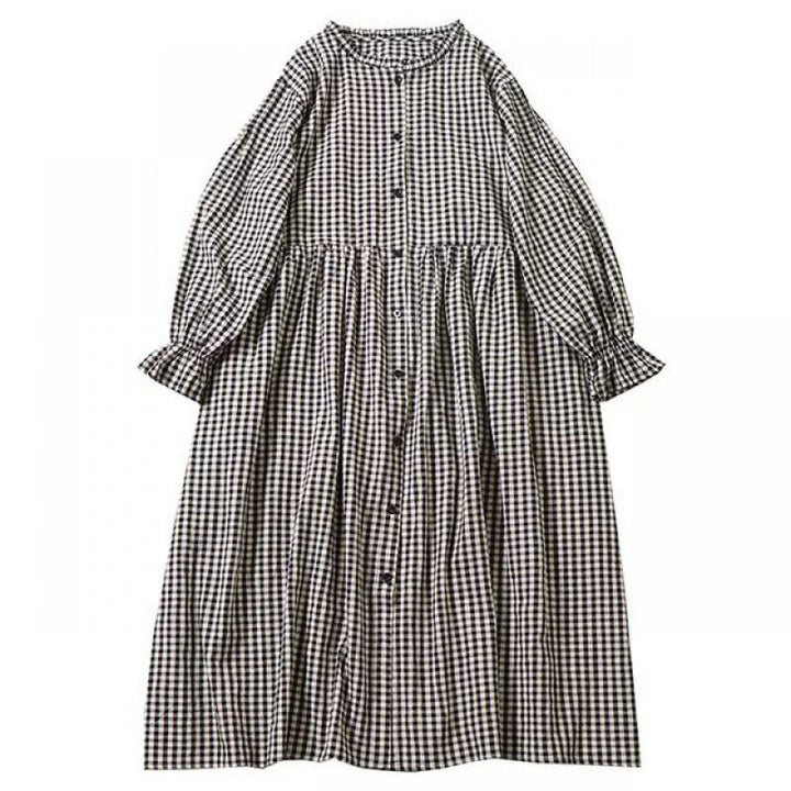 Vestido midi de lino y algodón con bolsillos, diseño de cuadros con botones sencillos, volantes y manga larga de Buddha Stones - image 19