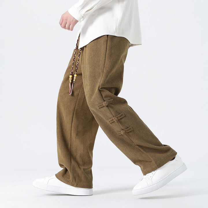 Pantalones de pana con cordón y bolsillos para hombre, diseño chino de rana y botones, con Buddha Stones - Vara de oro oscura - US/UK/AU48，EU58(5XL) - image 1