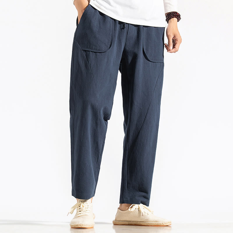 Pantalones harén de algodón lisos con bolsillos y diseño retro informal con cordón y Buddha Stones para hombre - Azul oscuro - US/UK/AU46, EU56 (5XL) - image 1