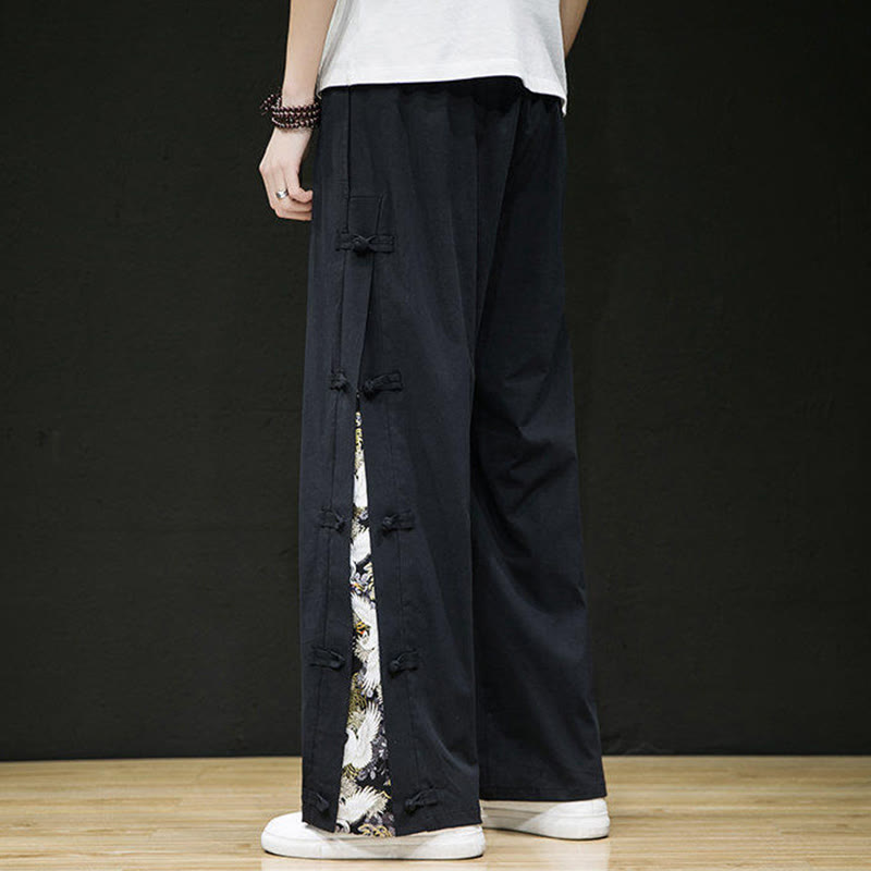 Pantalones anchos para hombre con bolsillos y diseño de grullas y botones de rana con estampado de Buddha Stones - image 3