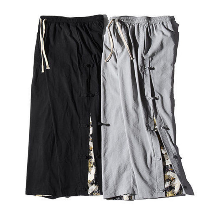 Pantalones anchos para hombre con bolsillos y diseño de grullas y botones de rana con estampado de Buddha Stones - image 32