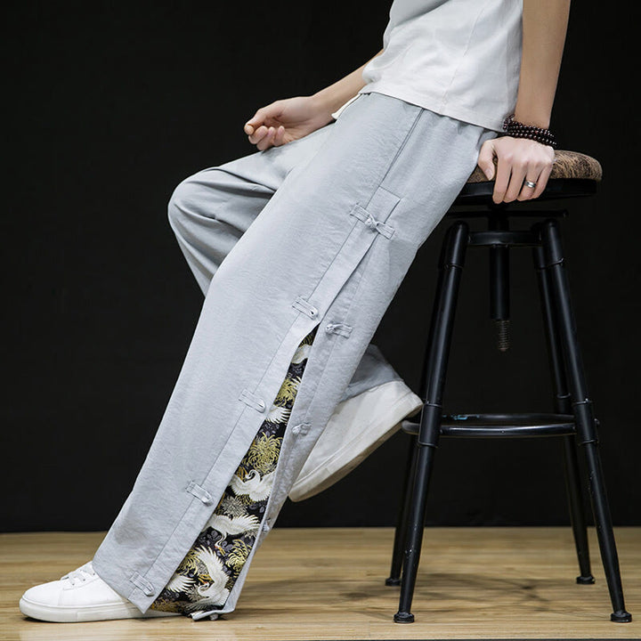 Pantalones anchos para hombre con bolsillos y diseño de grullas y botones de rana con estampado de Buddha Stones - image 20