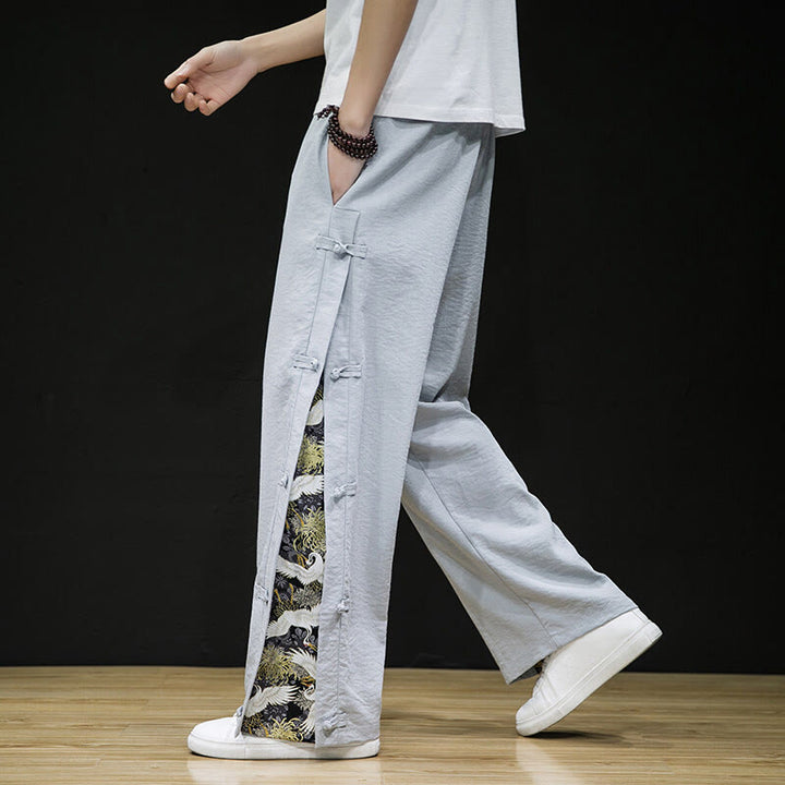 Pantalones anchos para hombre con bolsillos y diseño de grullas y botones de rana con estampado de Buddha Stones - image 18