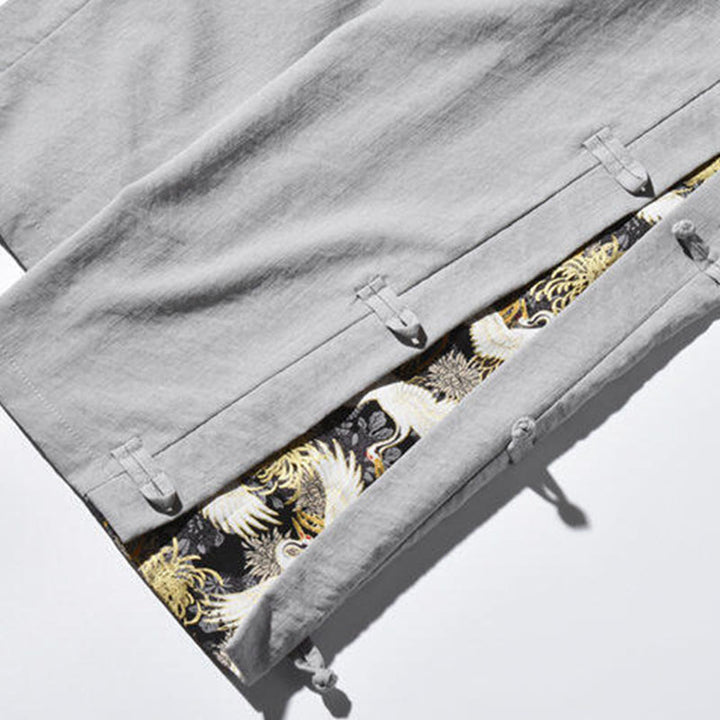 Pantalones anchos para hombre con bolsillos y diseño de grullas y botones de rana con estampado de Buddha Stones - image 29