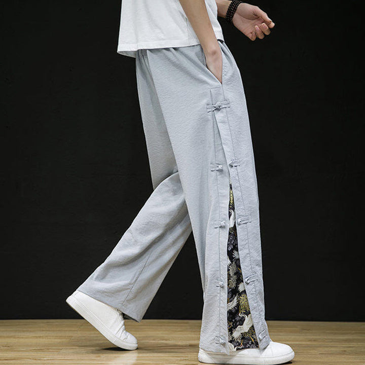 Pantalones anchos para hombre con bolsillos y diseño de grullas y botones de rana con estampado de Buddha Stones - image 19