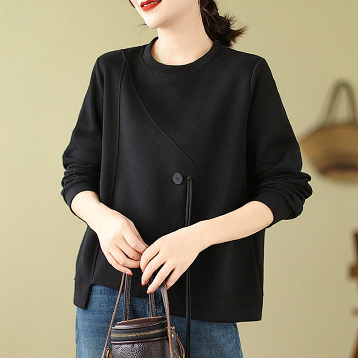 Sudadera de algodón con cuello redondo y botones lisos de Buddha Stones Fall para mujer  - image 3