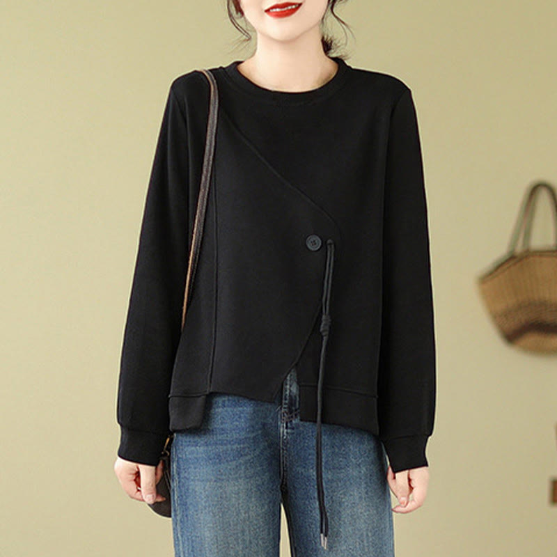 Sudadera de algodón con cuello redondo y botones lisos de Buddha Stones Fall para mujer  - image 2
