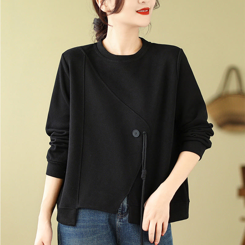 Sudadera de algodón con cuello redondo y botones lisos de Buddha Stones Fall para mujer  - Negro - US12, UK/AU16, EU44 (2XL) - image 1