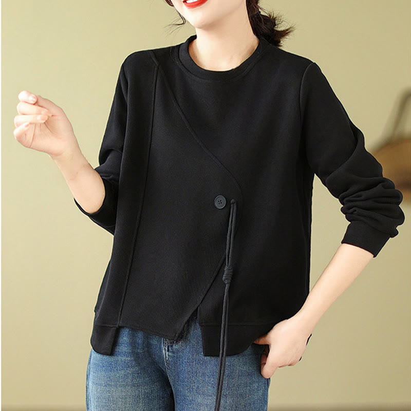 Sudadera de algodón con cuello redondo y botones lisos de Buddha Stones Fall para mujer  - image 4