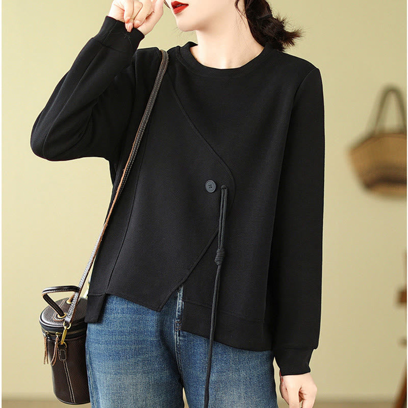 Sudadera de algodón con cuello redondo y botones lisos de Buddha Stones Fall para mujer  - image 5