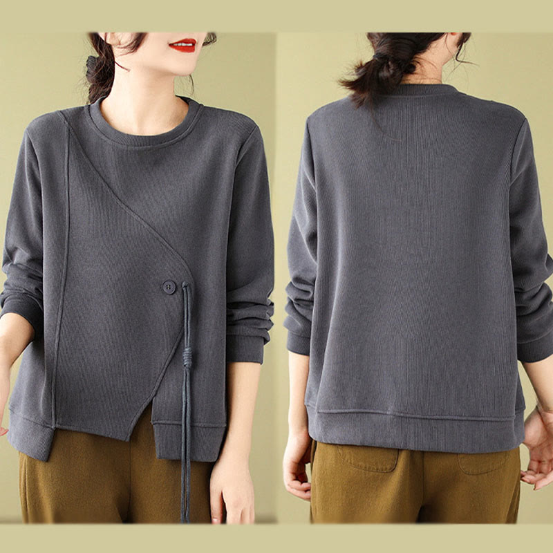 Sudadera de algodón con cuello redondo y botones lisos de Buddha Stones Fall para mujer  - image 11