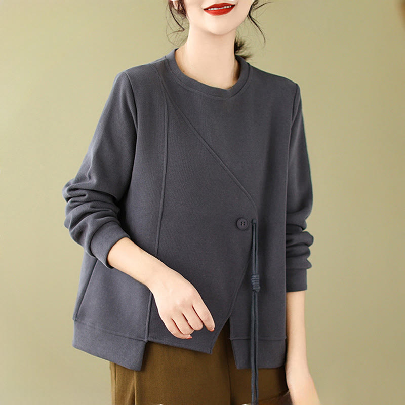 Sudadera de algodón con cuello redondo y botones lisos de Buddha Stones Fall para mujer  - image 8