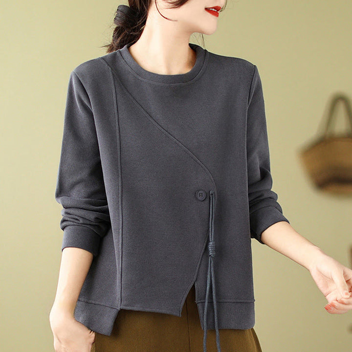 Sudadera de algodón con cuello redondo y botones lisos de Buddha Stones Fall para mujer  - image 10