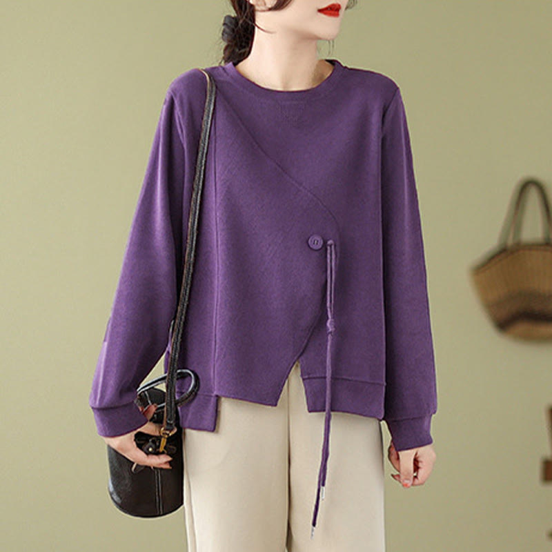 Sudadera de algodón con cuello redondo y botones lisos de Buddha Stones Fall para mujer  - image 14