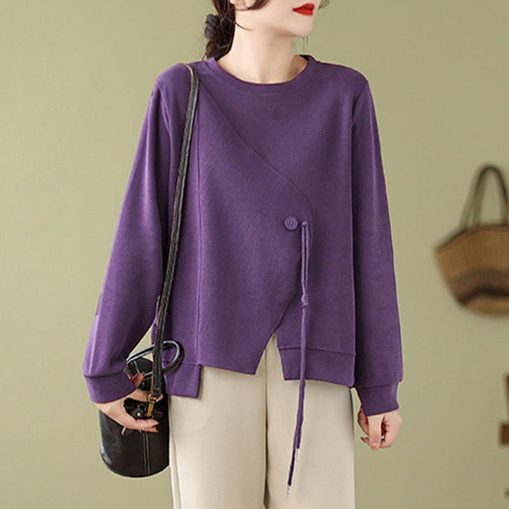 Sudadera de algodón con cuello redondo y botones lisos de Buddha Stones Fall para mujer  - image 14