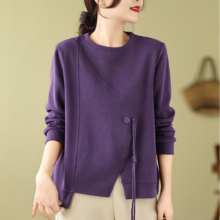 Sudadera de algodón con cuello redondo y botones lisos de Buddha Stones Fall para mujer  - image 16