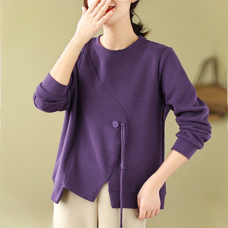 Sudadera de algodón con cuello redondo y botones lisos de Buddha Stones Fall para mujer  - image 13