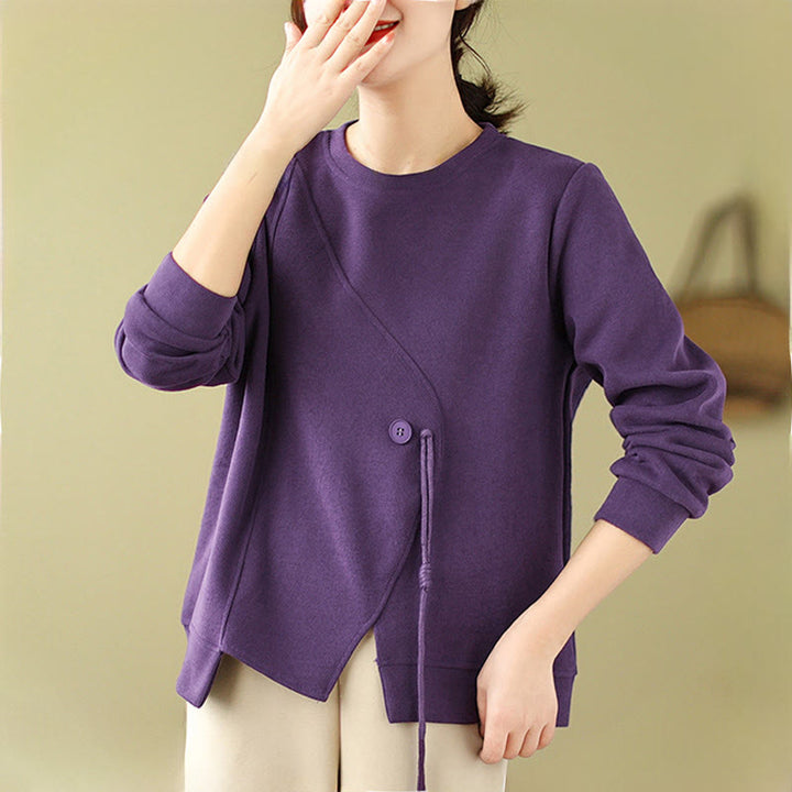Sudadera de algodón con cuello redondo y botones lisos de Buddha Stones Fall para mujer  - image 13