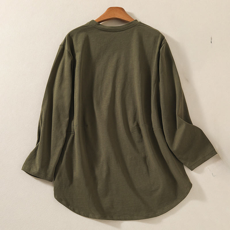 Camiseta de manga larga para mujer de algodón y lino con dobladillo irregular y estampado de Buddha Stones - image 2