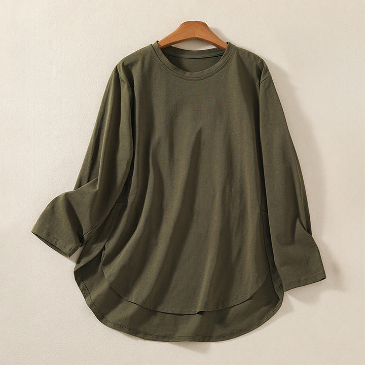 Camiseta de manga larga para mujer de algodón y lino con dobladillo irregular y estampado de Buddha Stones - Verde oliva oscuro - US14，UK/AU18，EU46 (2XL) - image 1