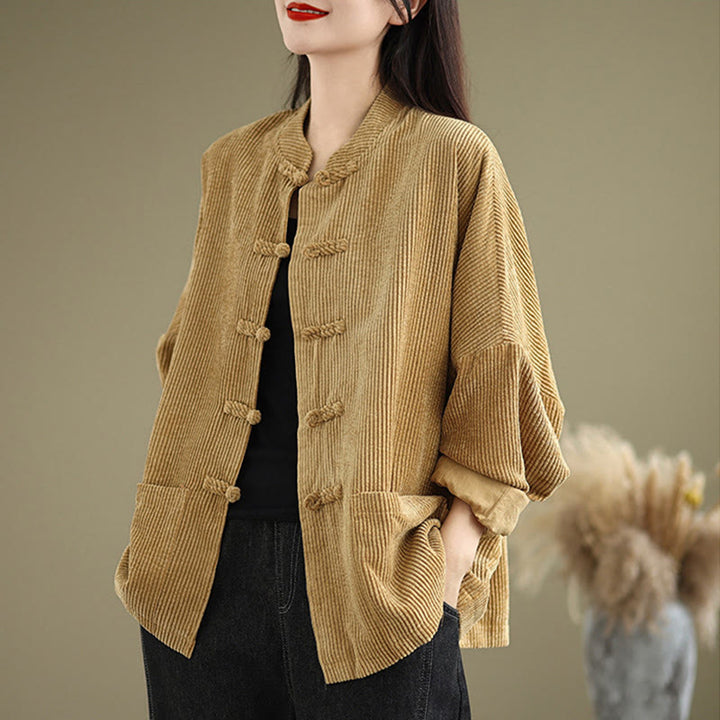 Chaqueta de pana de algodón y lino para mujer con cuello alto y botones de rana de Buddha Stones - Vara de oro - US14，UK/AU18，EU46 (2XL) - image 1