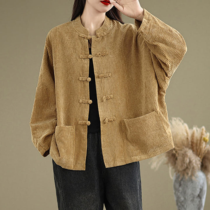 Chaqueta de pana de algodón y lino para mujer con cuello alto y botones de rana de Buddha Stones - image 4