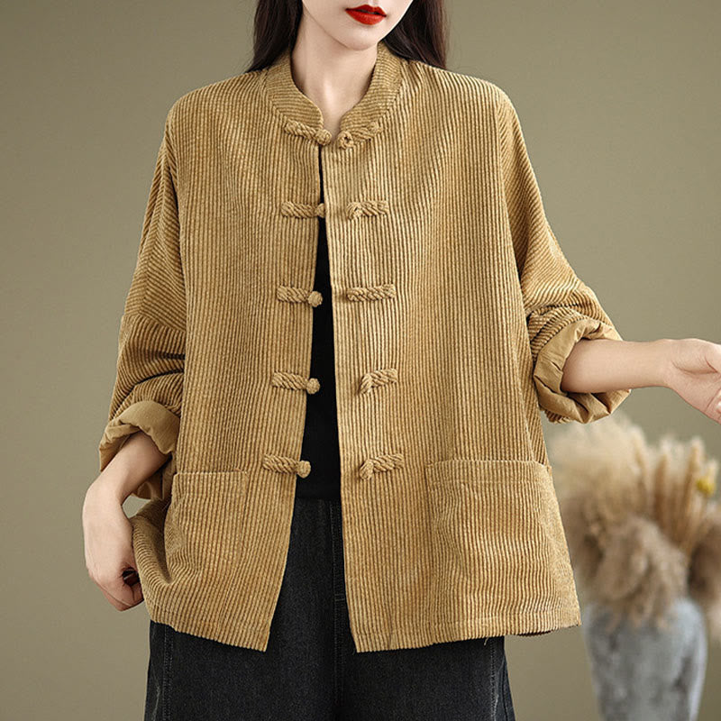 Chaqueta de pana de algodón y lino para mujer con cuello alto y botones de rana de Buddha Stones - image 3
