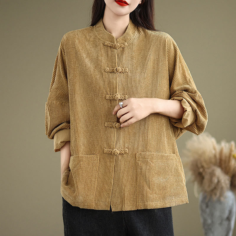 Chaqueta de pana de algodón y lino para mujer con cuello alto y botones de rana de Buddha Stones - image 5