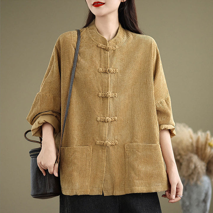 Chaqueta de pana de algodón y lino para mujer con cuello alto y botones de rana de Buddha Stones - image 2