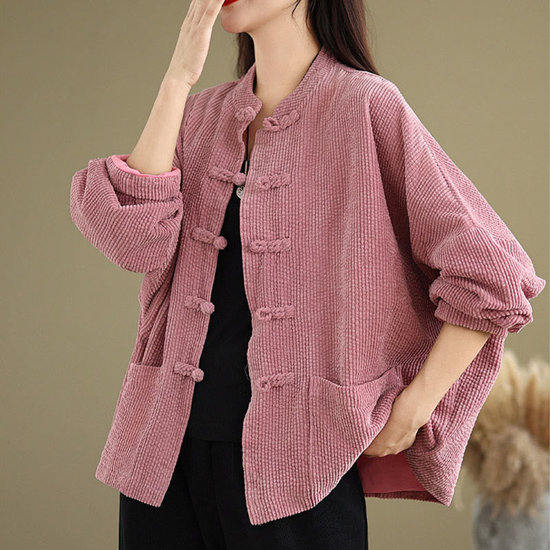 Chaqueta de pana de algodón y lino para mujer con cuello alto y botones de rana de Buddha Stones - image 15