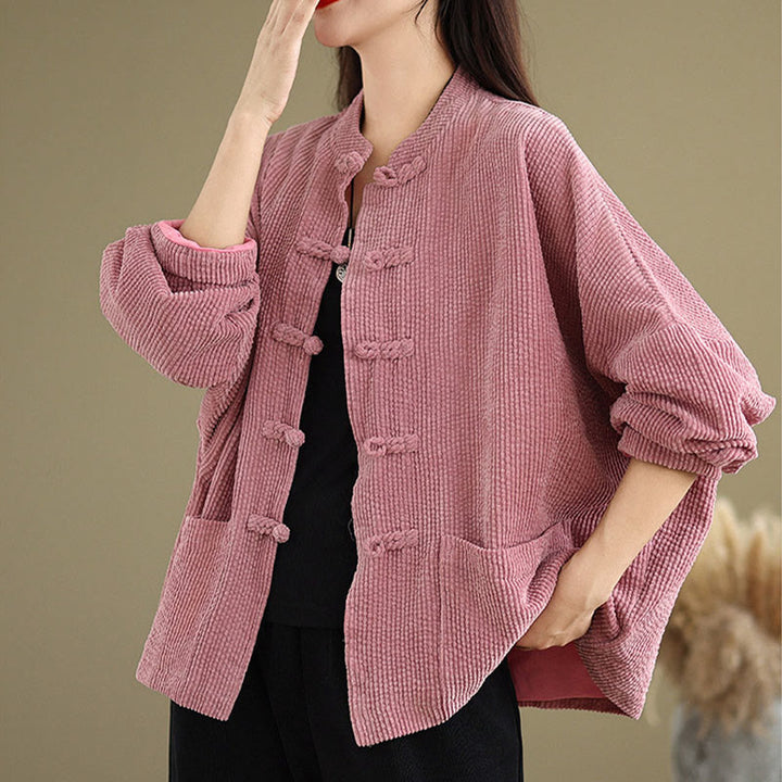 Chaqueta de pana de algodón y lino para mujer con cuello alto y botones de rana de Buddha Stones - image 15