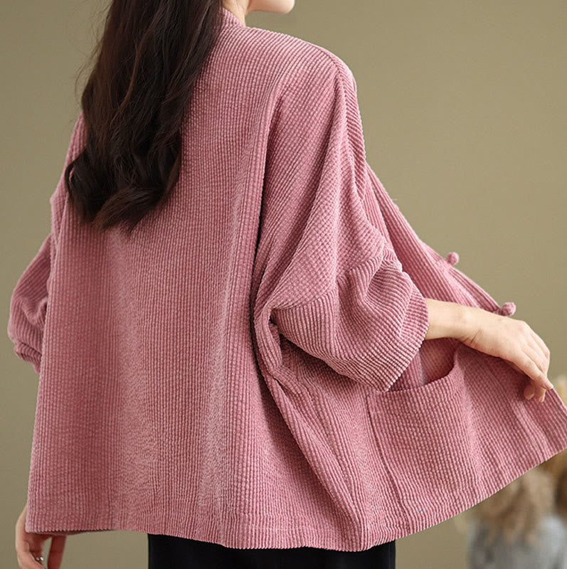 Chaqueta de pana de algodón y lino para mujer con cuello alto y botones de rana de Buddha Stones - image 12