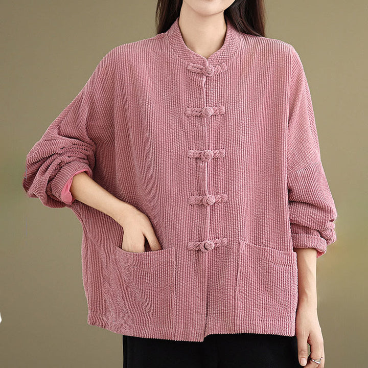 Chaqueta de pana de algodón y lino para mujer con cuello alto y botones de rana de Buddha Stones - image 11
