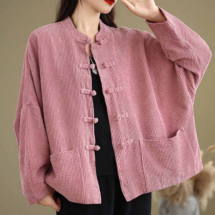 Chaqueta de pana de algodón y lino para mujer con cuello alto y botones de rana de Buddha Stones - image 13