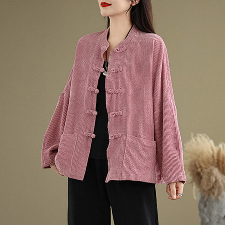 Chaqueta de pana de algodón y lino para mujer con cuello alto y botones de rana de Buddha Stones - Violeta pálido rojo - US14，UK/AU18，EU46 (2XL) - image 10