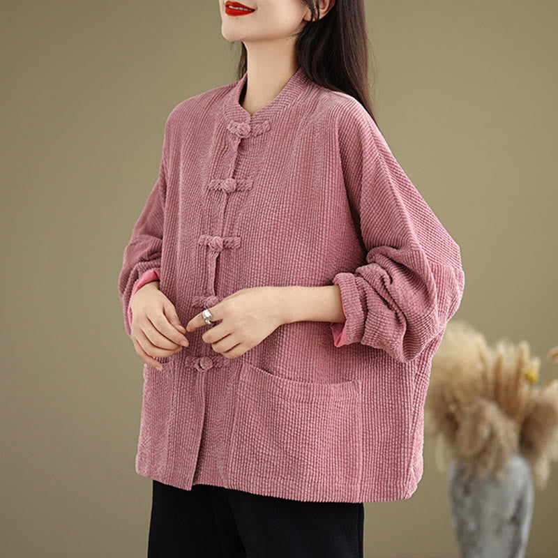 Chaqueta de pana de algodón y lino para mujer con cuello alto y botones de rana de Buddha Stones - image 14