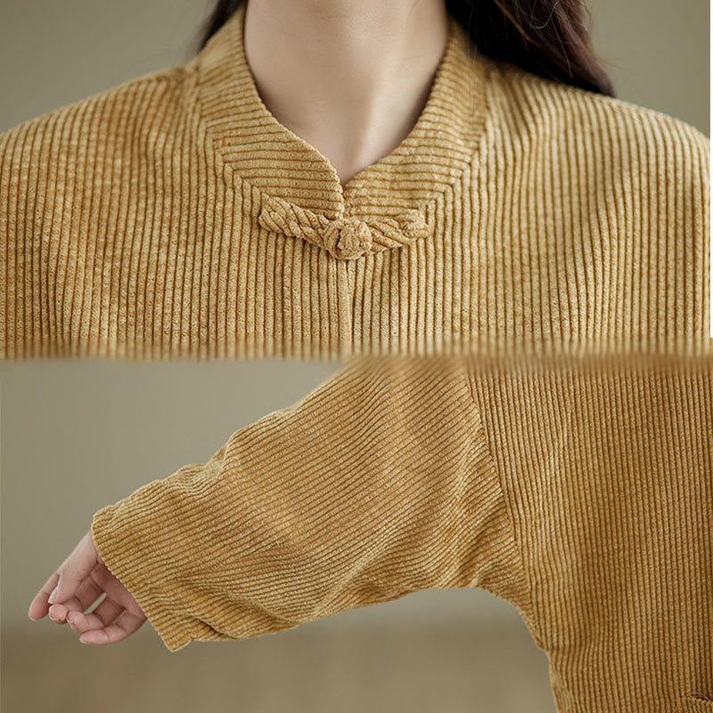 Chaqueta de pana de algodón y lino para mujer con cuello alto y botones de rana de Buddha Stones - image 9
