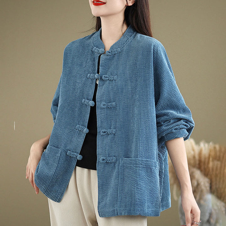 Chaqueta de pana con cuello alto y botones de rana para mujer de Buddha Stones - image 17