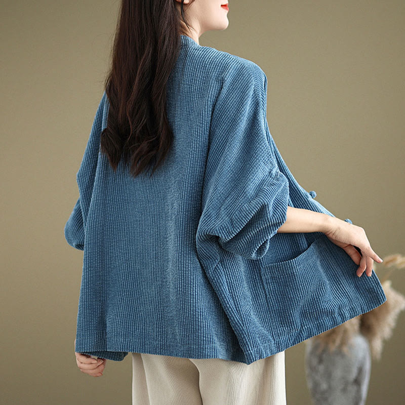 Chaqueta de pana de algodón y lino para mujer con cuello alto y botones de rana de Buddha Stones - image 17