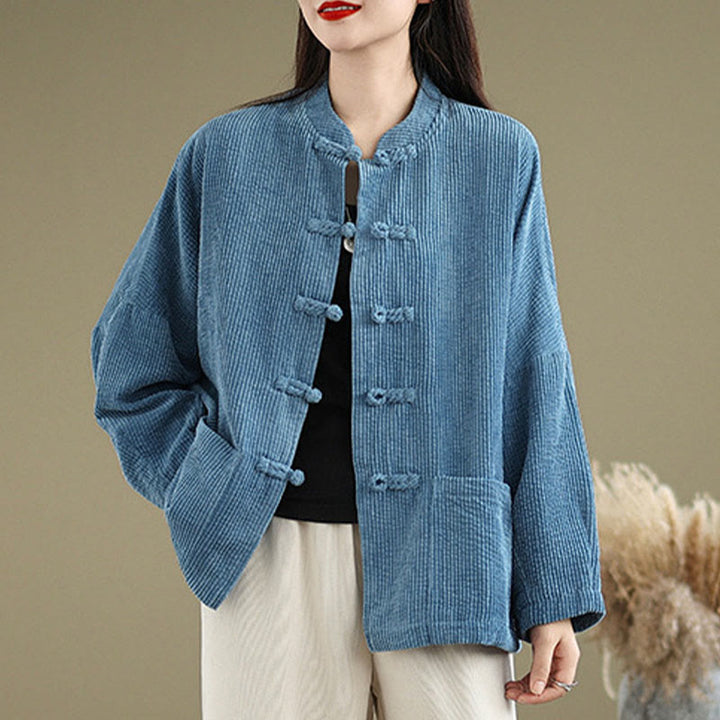 Chaqueta de pana de algodón y lino para mujer con cuello alto y botones de rana de Buddha Stones - Azul acero - US14，UK/AU18，EU46 (2XL) - image 16