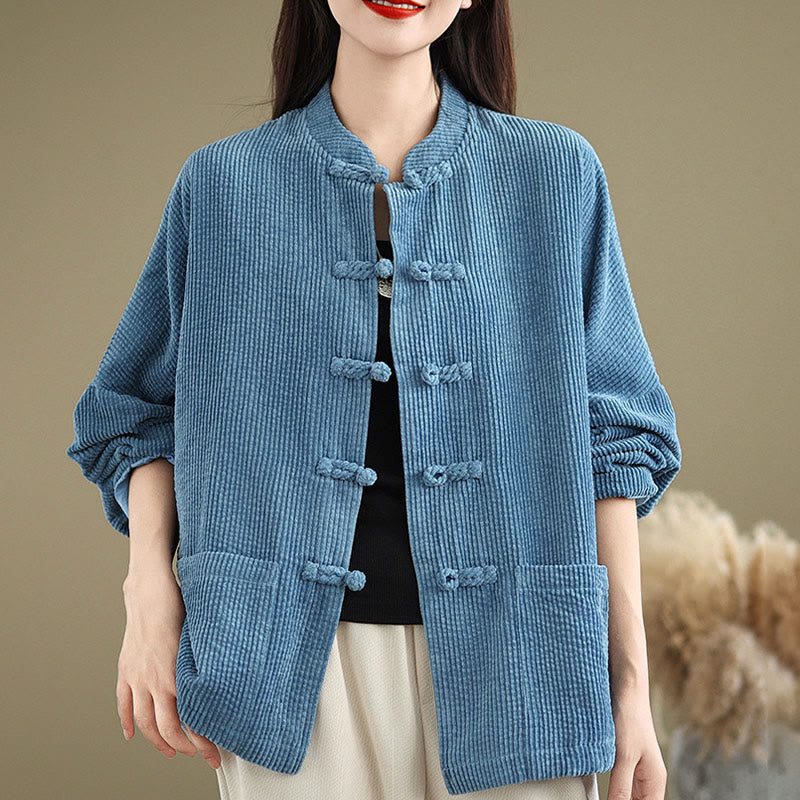 Chaqueta de pana de algodón y lino para mujer con cuello alto y botones de rana de Buddha Stones - image 20