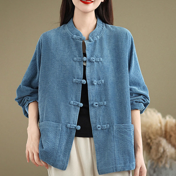 Chaqueta de pana de algodón y lino para mujer con cuello alto y botones de rana de Buddha Stones - image 20